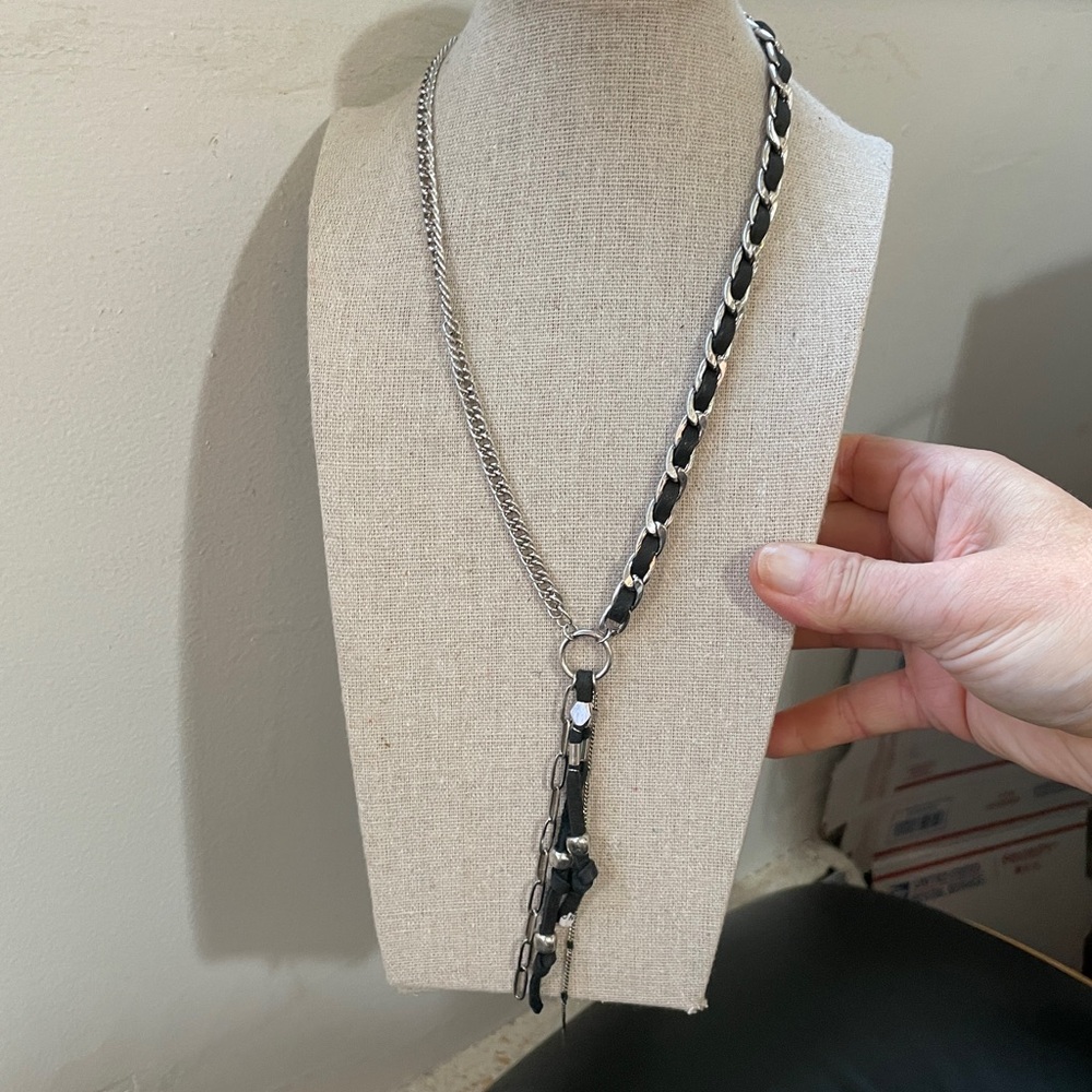 Free People Silver Faul Black Suede lariat necklace, Boho Cowgirl Style, NWT.